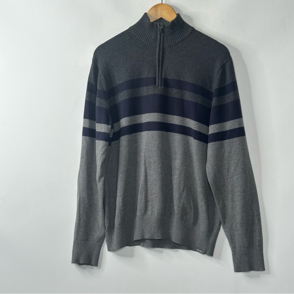 Eddie Bauer Mens Pullover Sweater Striped Mock Neck 1/4 Sip Navy Blue Size M